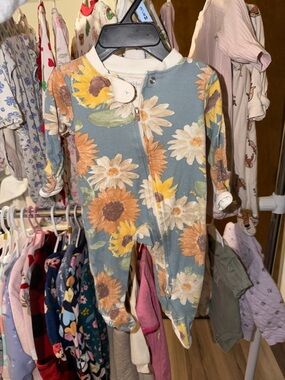 Blue Floral Sunflower Zip-Up Baby Footie